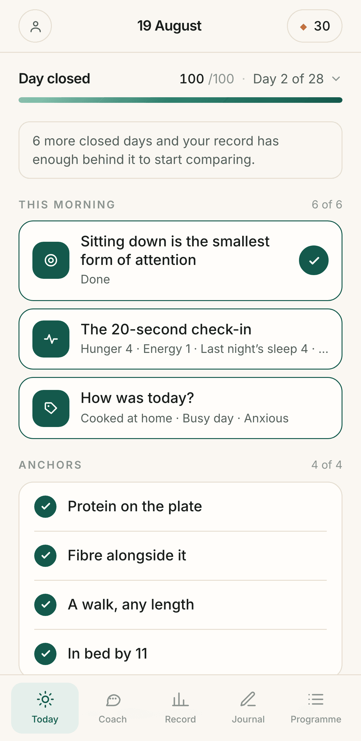 The RhythmDays member home: score ring, today's action, and daily anchors